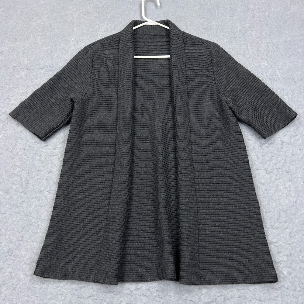 Eileen Fisher Cardigan Womens Medium Charcoal Gray Merino Wool Ribbed 1/2 Sleeve